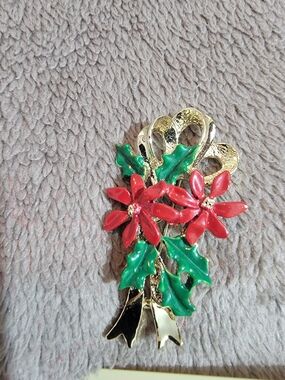 Gerry Weber Red and Green Poinsettia Floral Brooch - Gold Tone